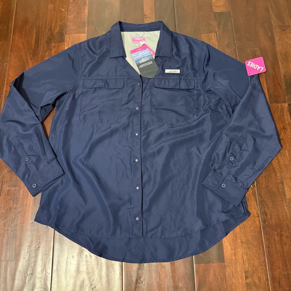 NWT Habit Ladies Pikes Pier Long Sleeve Fishing Shirt Size XL Navy Snap Buttons